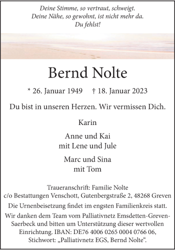 Anzeige von Bernd Nolte 