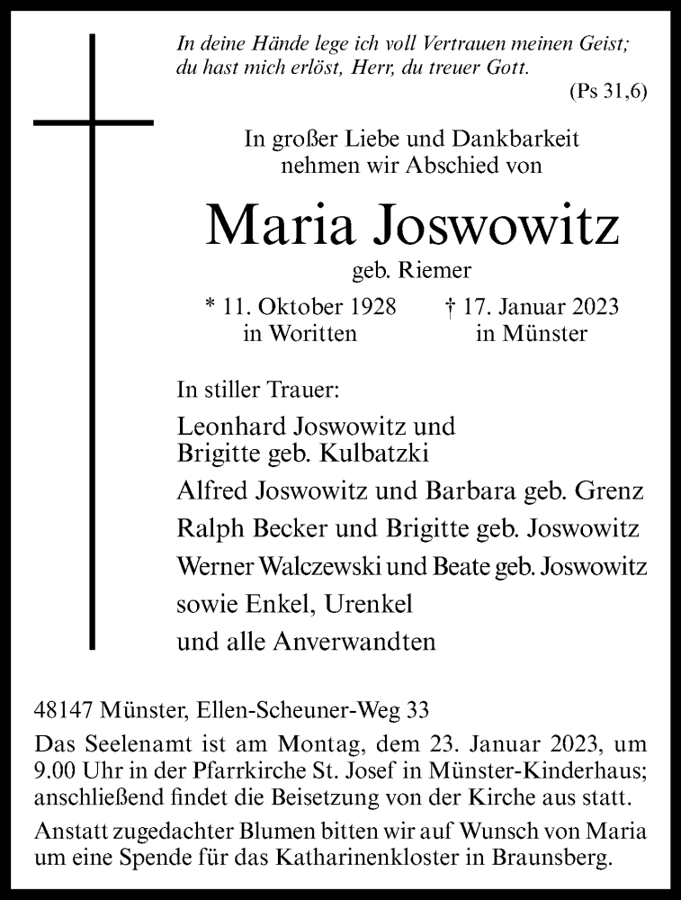  Traueranzeige für Maria Joswowitz vom 21.01.2023 aus 