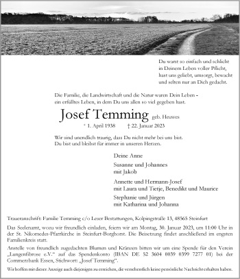 Anzeige von Josef Temming 