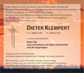Anzeige von Dieter Klempert 