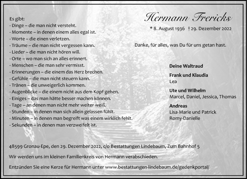  Traueranzeige für Hermann Frericks vom 03.01.2023 aus 