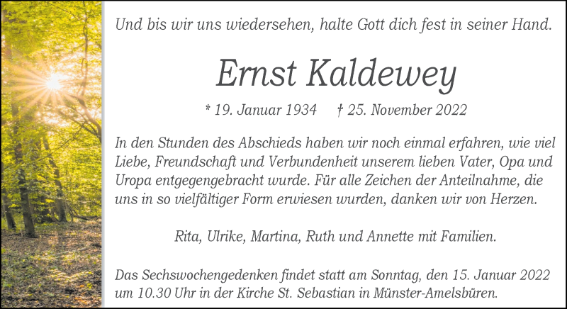  Traueranzeige für Ernst Kaldewey vom 07.01.2023 aus 