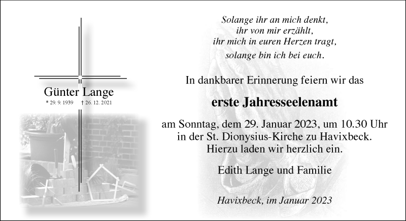  Traueranzeige für Günter Lange vom 26.01.2023 aus 
