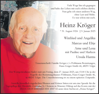Anzeige von Heinz Kröger 