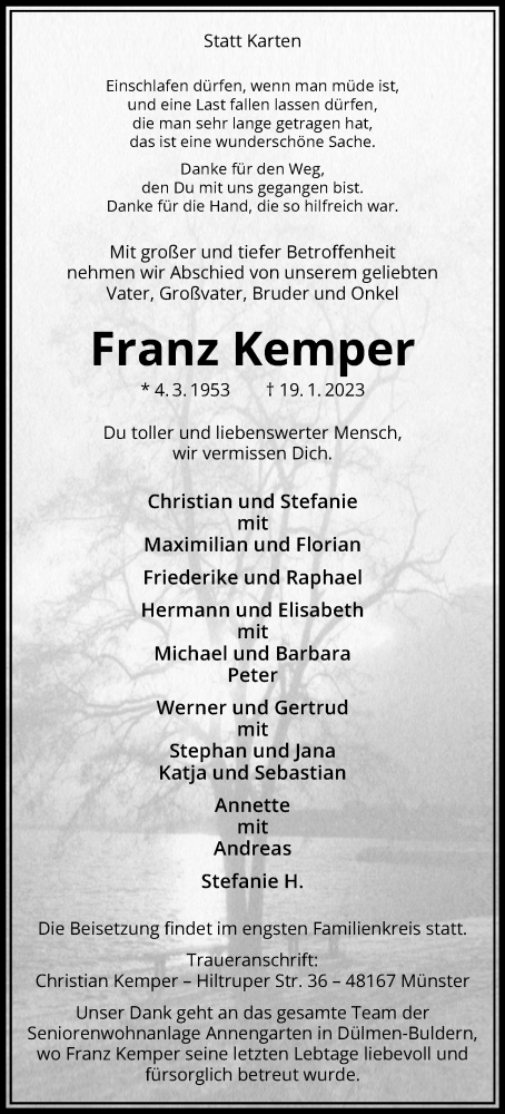  Traueranzeige für Franz Kemper vom 25.01.2023 aus 
