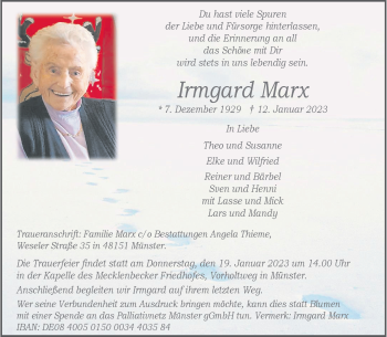 Anzeige von Irmgard Marx 