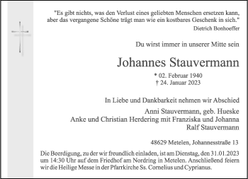 Anzeige von Johannes Stauvermann 
