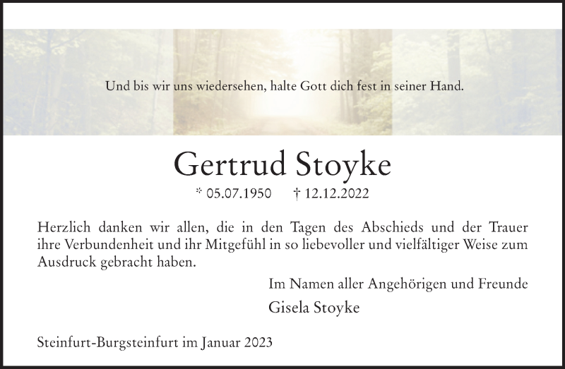  Traueranzeige für Gertrud Stoyke vom 21.01.2023 aus 