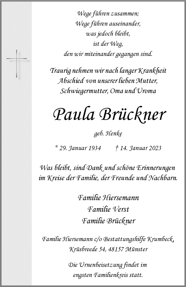  Traueranzeige für Paula Brückner vom 21.01.2023 aus 