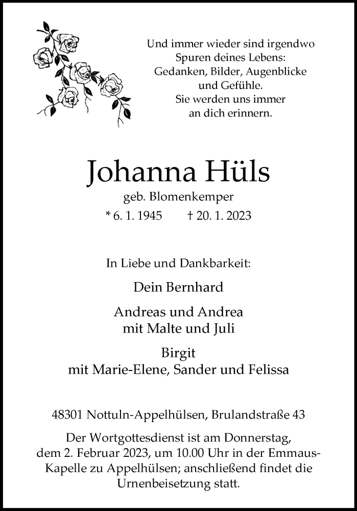  Traueranzeige für Johanna Hüls vom 25.01.2023 aus 