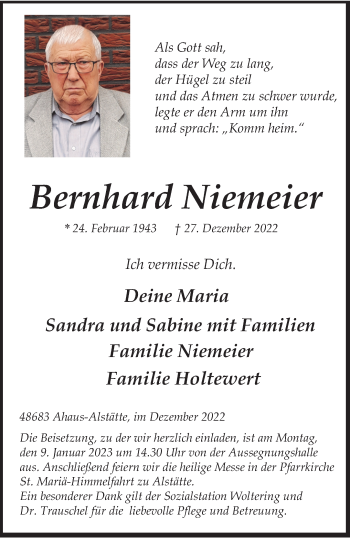 Anzeige von Bernhard Niemeier 