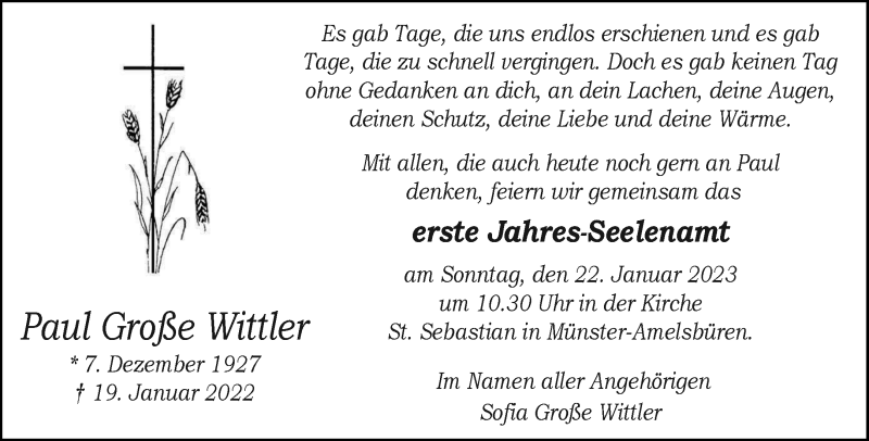  Traueranzeige für Paul Große Wittler vom 18.01.2023 aus 