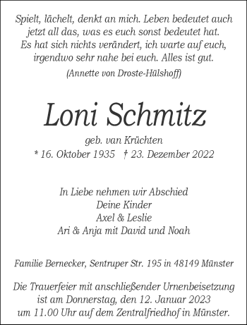 Anzeige von Loni Schmitz 