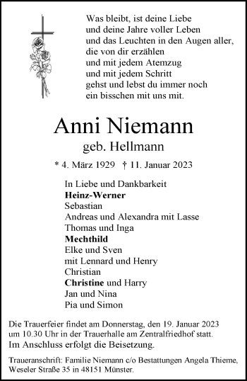Anzeige von Anni Niemann 
