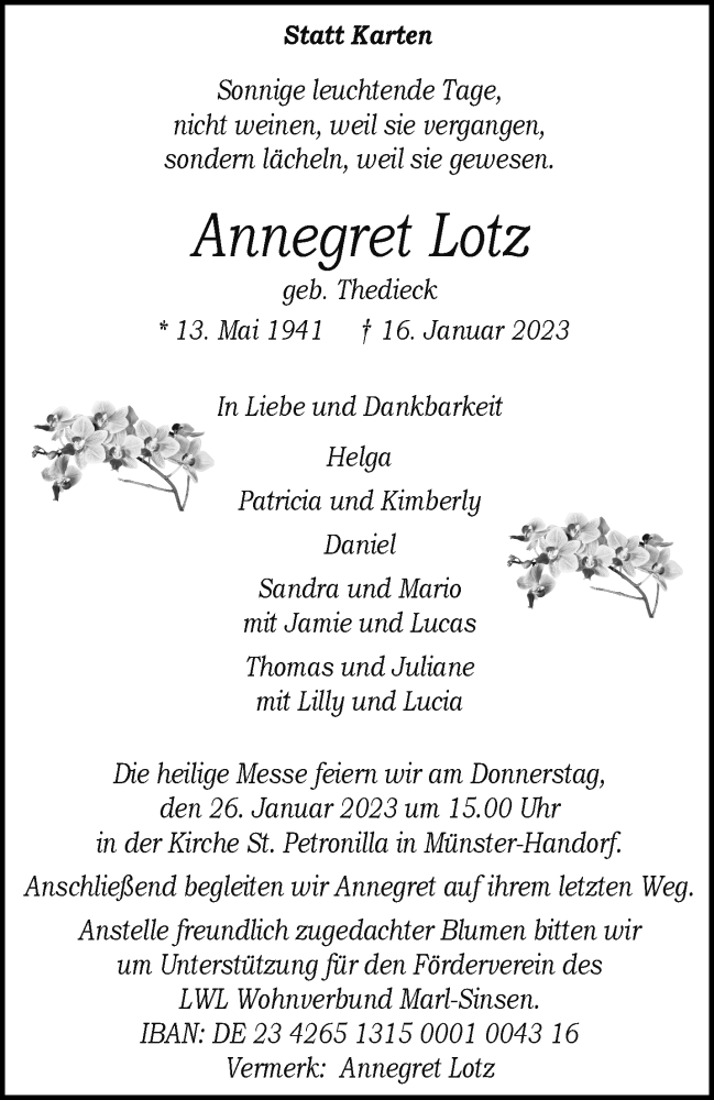  Traueranzeige für Annegret Lotz vom 21.01.2023 aus 