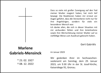 Anzeige von Marlene Gabriels-Mensinck 