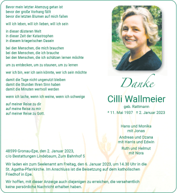 Anzeige von Cilli Wallmeier 