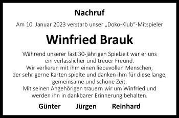 Anzeige von Winfried Brauk 