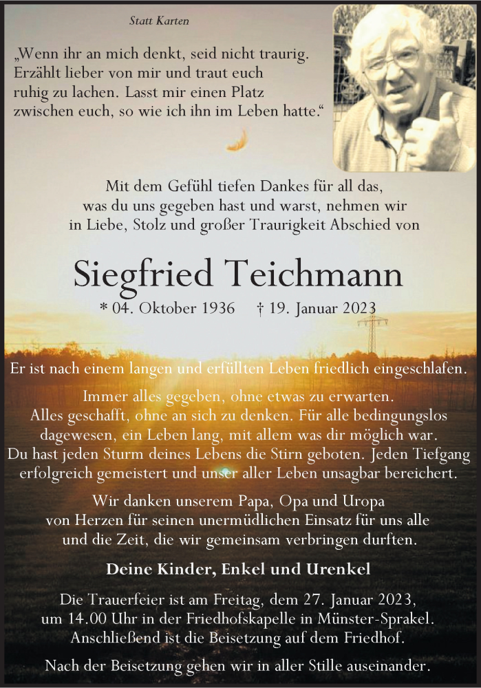  Traueranzeige für Siegfried Teichmann vom 24.01.2023 aus 