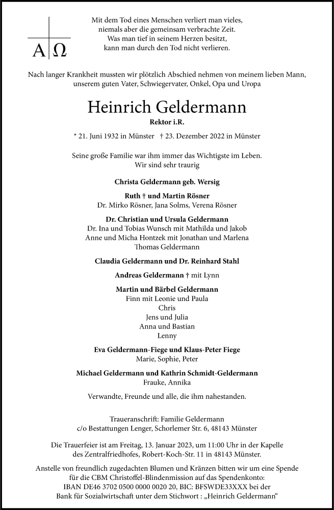  Traueranzeige für Heinrich Geldermann vom 07.01.2023 aus 