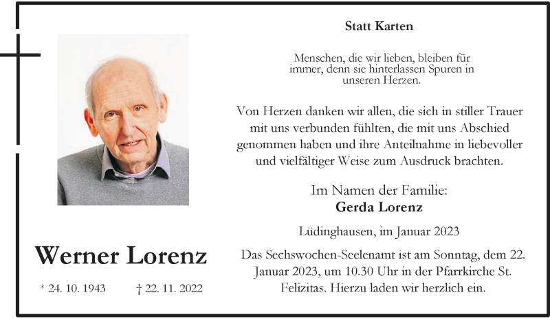  Traueranzeige für Werner Lorenz vom 11.01.2023 aus 