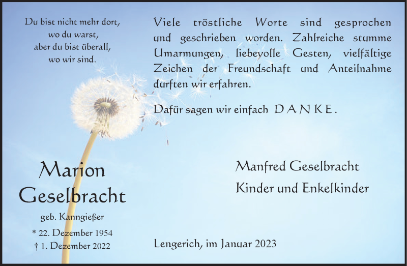  Traueranzeige für Marion Geselbracht vom 21.01.2023 aus 