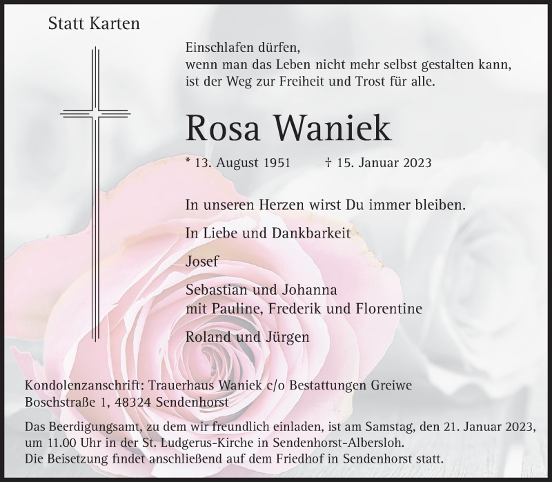  Traueranzeige für Rosa Waniek vom 18.01.2023 aus 
