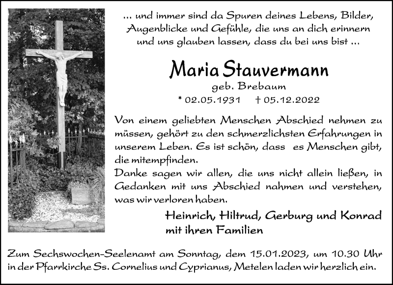  Traueranzeige für Maria Stauvermann vom 12.01.2023 aus 