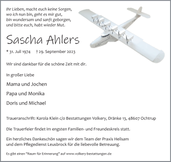 Anzeige von Sascha Ahlers 