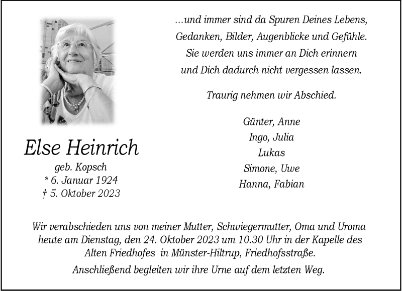  Traueranzeige für Else Heinrich vom 24.10.2023 aus 