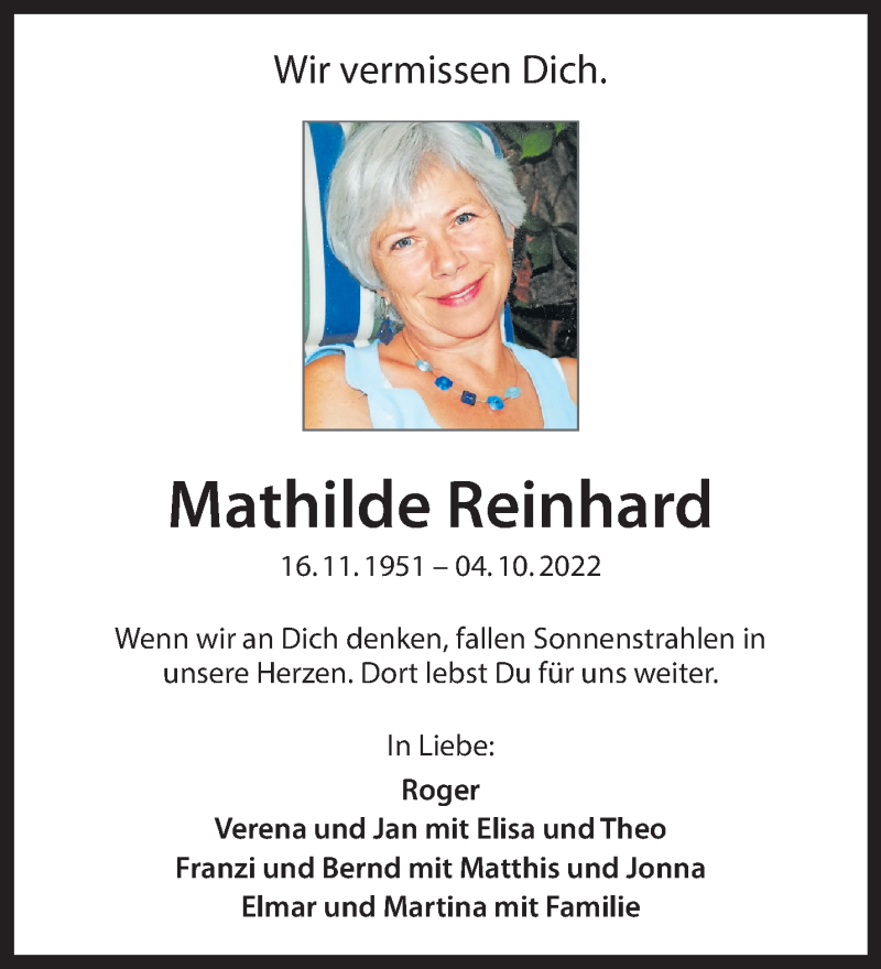  Traueranzeige für Mathilde Reinhard vom 07.10.2023 aus 