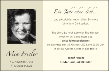 Anzeige von Mia Frieler 