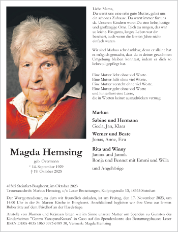 Anzeige von Magda Hemsing 