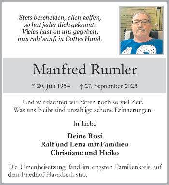 Anzeige von Manfred Rumler 