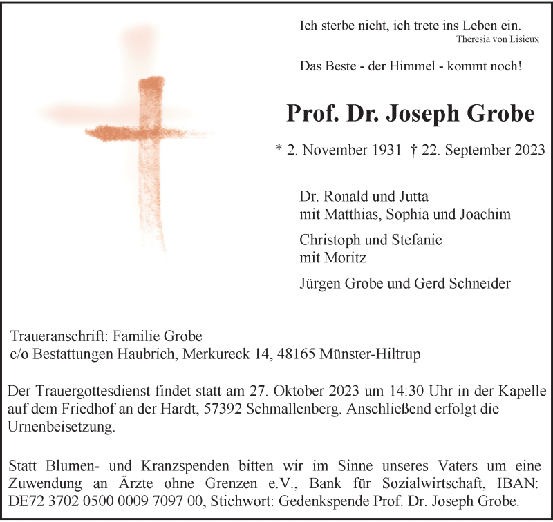  Traueranzeige für Prof. Dr. Joseph Grobe vom 07.10.2023 aus 