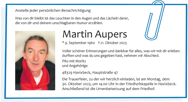  Traueranzeige für Martin Aupers vom 25.10.2023 aus 