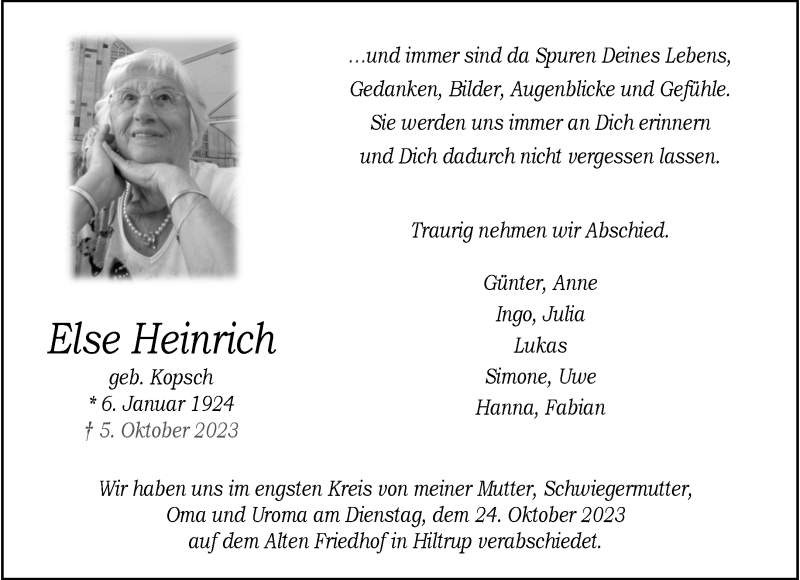 Traueranzeige für Else Heinrich vom 28.10.2023 aus 