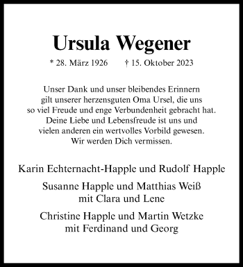 Anzeige von Ursula Wegener 