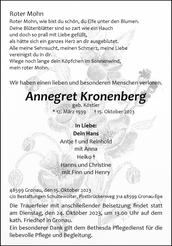  Traueranzeige für Annegret Kronenberg vom 21.10.2023 aus 