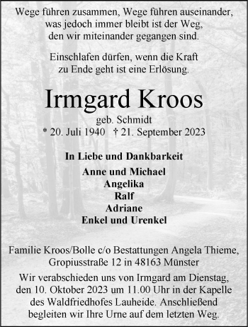 Anzeige von Irmgard Kroos 