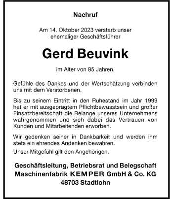 Anzeige von Gerd Beuvink 