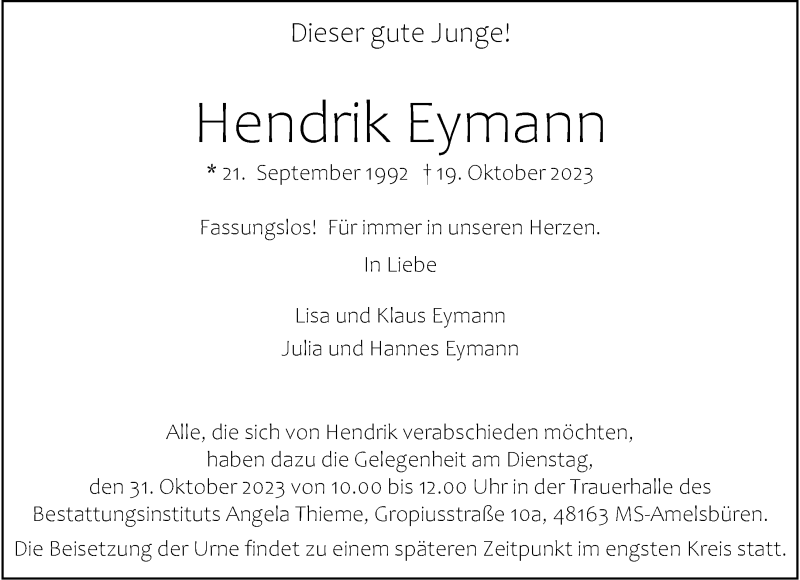  Traueranzeige für Hendrik Eymann vom 28.10.2023 aus 