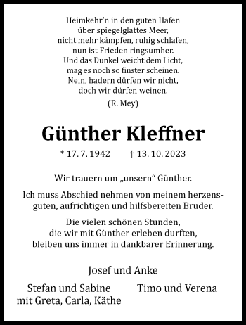 Anzeige von Günther Kleffner 