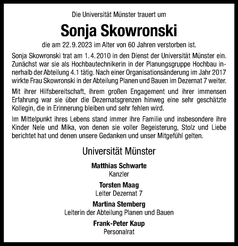  Traueranzeige für Sonja Skowronski vom 07.10.2023 aus 
