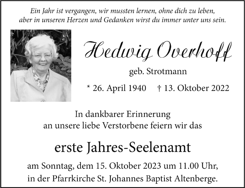 Traueranzeige für Hedwig Overhoff vom 07.10.2023 aus 