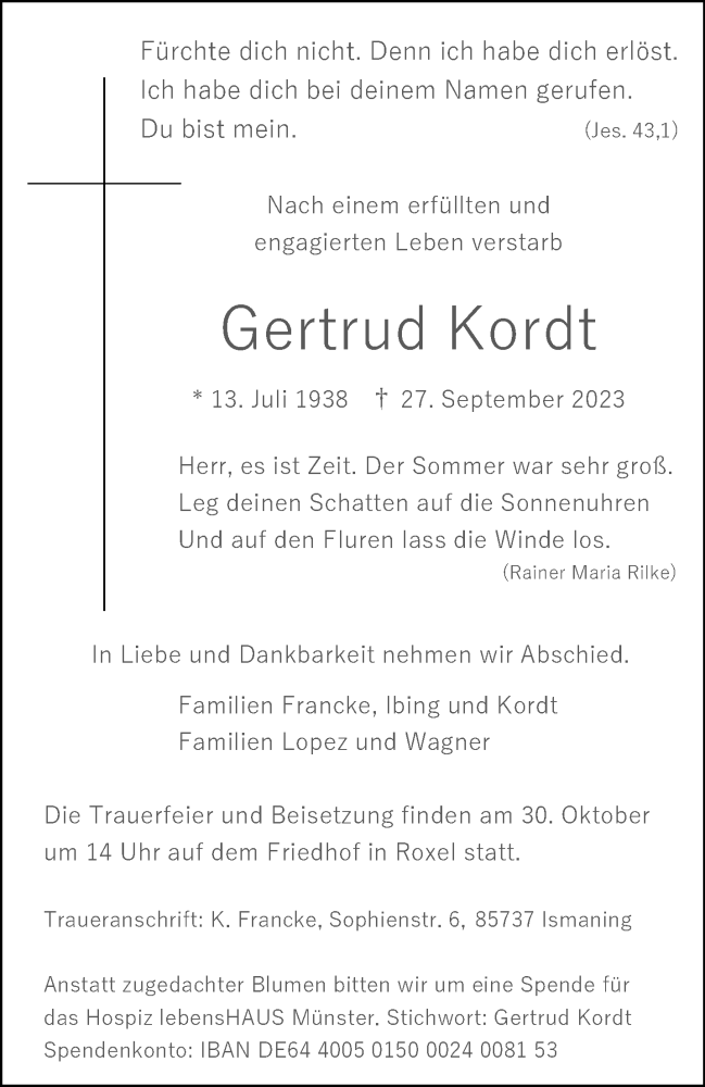  Traueranzeige für Gertrud Kordt vom 21.10.2023 aus 