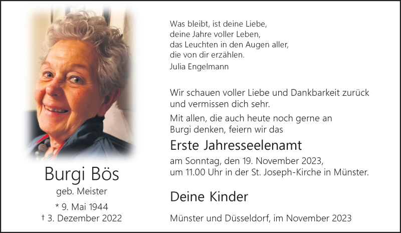  Traueranzeige für Burgi Bös vom 18.11.2023 aus 