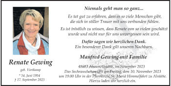 Anzeige von Renate Gewing 