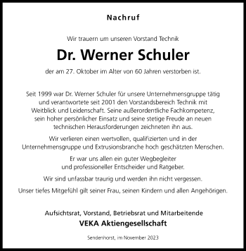Anzeige von Dr. Werner Schuler 