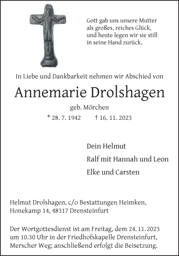 Anzeige von Annemarie Drolshagen 